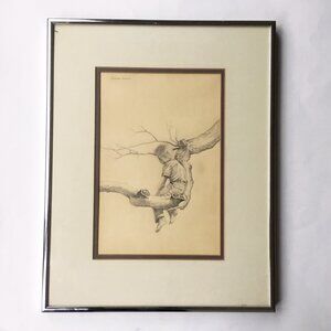Michael Martin Graphite Pencil Drawing Boy in Tree Framed Matted Art Signed